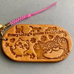 猫刻印キーホルダー　ハンドメイド　レザークラフト　本革　ke-04