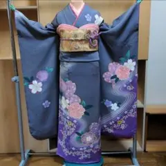 振り袖(桂由美) 長襦袢、袋帯、小物セット 正絹 グレー紫系 金彩 成人 