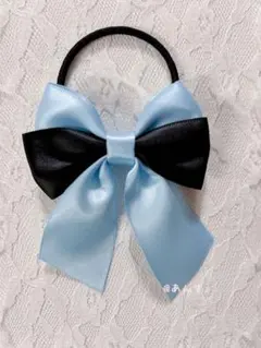 ハンドメイド　ヘアゴム　リボン　水色　黒