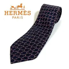 【美品】HERMES シルク 格子柄 リボン ネクタイ ネイビー フランス製
