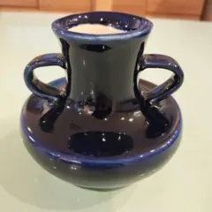 コバルトブルー 陶器製 一輪挿し花瓶昭和レトロヴィンテージ双耳
