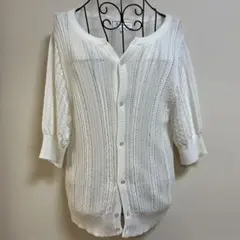 ロペROPEホワイト レース編み 五分袖カーディガン ワンピースなどの羽織りに！