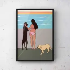 A4フレーム付き★オリジナル アートポスター SHINE BEACH 海 犬のサムネイル