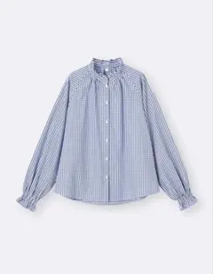 新品 GU フリルネックブラウス Mサイズ　チェックシャツ