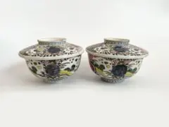 骨董　アンティーク　古伊万里　色絵　蓋付碗　煮物碗　飯碗　蓋茶碗　二客