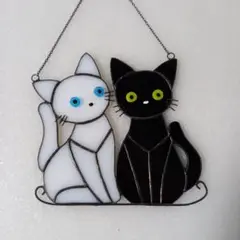 ステンドグラスハンドメイド　仲良しネコ