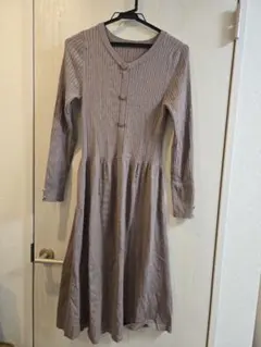 ブラウン リブ編み 長袖ニットワンピース