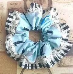 ボーダー&レース縁取り⚓️イルカ柄シュシュ⚓️マリン