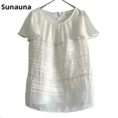 SunaUna シャツ ブラウス カットソー 切替 プリーツ レース 半袖 白