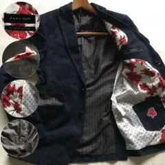 美品✨ザラ ベロア テーラードジャケット 花柄裏地 ネイビー 色気 秋冬