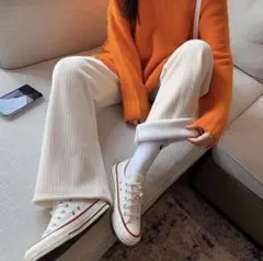 裏起毛 ワイドパンツ ホワイト フリーサイズ 極暖 高品質 厚手 冬用 裏ボア