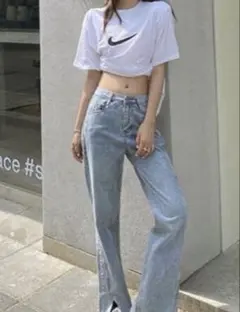 フロントスリットハイウエストデニムパンツ cu300