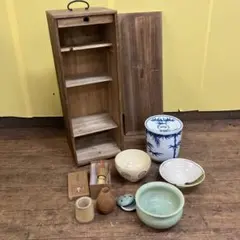 D-5 昭和レトロ 短冊箱 茶道具一式セット 木製収納棚 抹茶碗 茶筅 水指