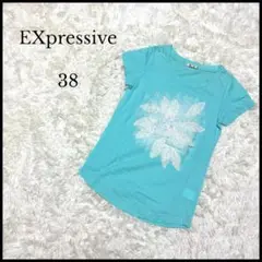 美品【EXpressive】エクスプレッシブ レース柄Tシャツ 半袖 水色 38