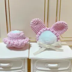 5cmサイズのお人形用　すみれ色うさ耳ボンネットとフリルカバーオール