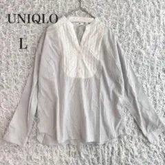 ユニクロ　ストライプ柄　バイカラー　ピンタックシャツ　ブラウス　L