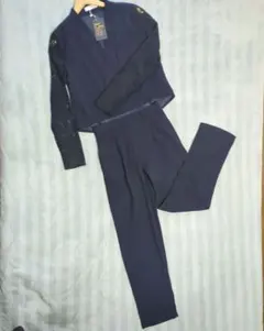 セレモニー レース袖オールインワン パンツドレス ネイビー スーツ