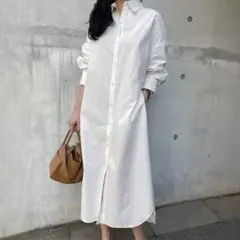 【新品タグ付き】ロングシャツワンピース M〜L ベージュ リボン付き