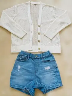 UNIQLO メッシュ編みカーディガンとデニムショートパンツセット