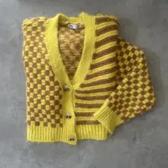 ZARA イエロー ニット カーディガン M チェック柄 ブラウン セーター