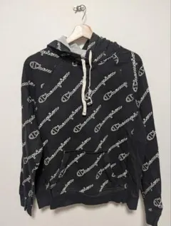 Champion チャンピオン 総柄ロゴ パーカー 黒 JPN L相当 裏起毛