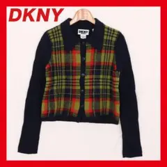 ボタン カーディガン チェック柄 ショート丈 ニット セーター 長袖 DKNY