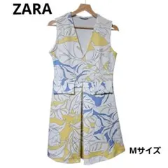 【訳あり特価】 ZARA ノースリーブワンピース イエローブルー 総柄 Mサイズ