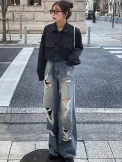 GRL ダメージカットルーズデニムパンツ