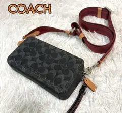 COACH シグネチャー ブラックデニム ダブルファスナー ショルダーバッグのサムネイル
