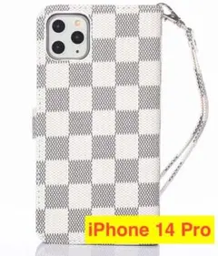 iPhone 14 Pro 手帳型ケース 白 チェック柄 おしゃれ