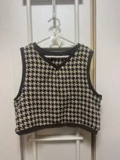 千鳥格子柄ニットベスト/ブラウン