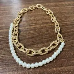 ゴールドメッキチェーンとパールの二重ネックレス