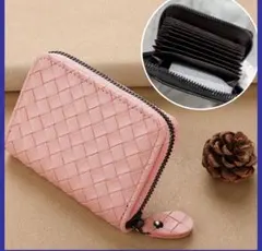 【大容量11ポケット】じゃばら式 カードケース パステルピンク 編み込みミニ財布