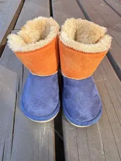 フリース裏地 ベビーブーツ オレンジ ネイビー　ムートンブーツ