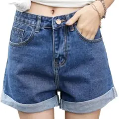 【未使用】デニム ショートパンツ ロールアップ ディープブルー L 美脚効果