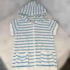 新品未使用　女の子　130cm 半袖パーカー　水色ボーダー　パイル生地