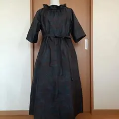 紬着物リメイク　ギャザーフリルスタンドカラーワンピース