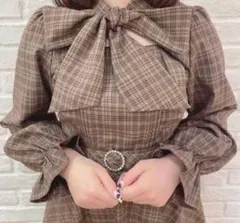 evelyn パイピングチェックワンピース ブラウン ビジュー リボン