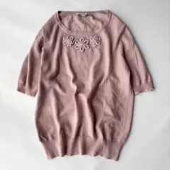 希少✨ローラアシュレイ 立体花モチーフ パール装飾　サマーニット 半袖 ピンクのサムネイル