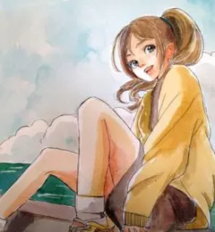 手描きイラストA4　水彩画『秋の海にて』