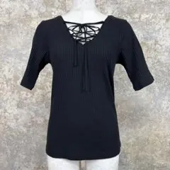 LOWRYS FARM リブトップス 編み上げ 黒 M カットソー レースアップ