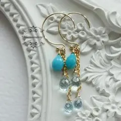 3チャーム付替えピアス*スリーピングビューティ*K14GF*天然石*ターコイズ