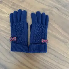 familiar ネイビー ケーブル編み ニット手袋 リボン付き