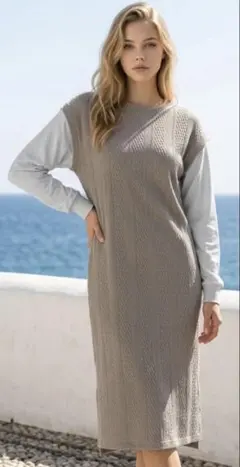 新品4L異素材ドッキングワンピース ケーブル編み調×ぽわん袖体型カバー ベージュ