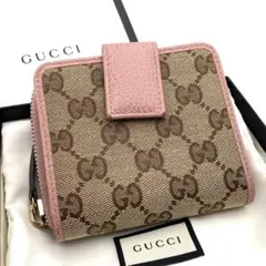 グッチ 折り財布 GGキャンバス レザー ピンク コンパクト ラウンドファスナーのサムネイル
