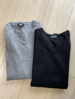 Vネックセーター 2色セットS グレー（ユニクロ）ブラック（ナノユニバース）薄手