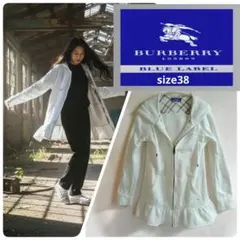 【バーバリーブルーレーベル】 フリルパーカー 白 38 ホースロゴ ノバチェック