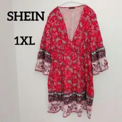 送料込❤SHEIN 【1XL】花柄 フレア袖 ワンピース 赤 派手可愛い