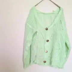 長袖 カーディガン ミントグリーン 透かし編み Vネック ゆったり 羽織り