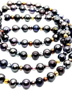 【希少】本真珠黒ブラックパール＆マルチカラーベビーパールロングネックレス83cm